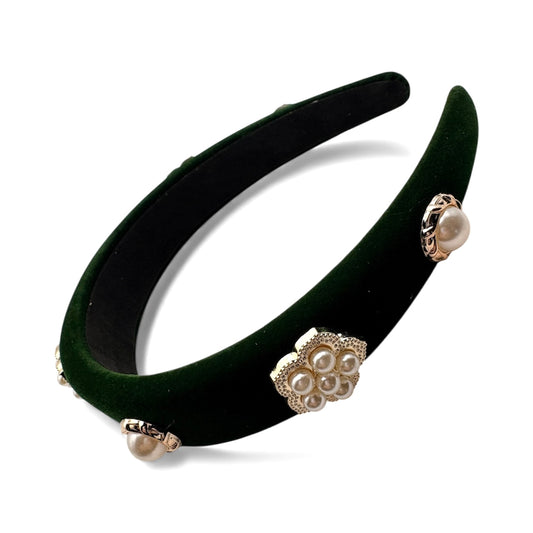 GREEN VELVET PEARL HEADBAND